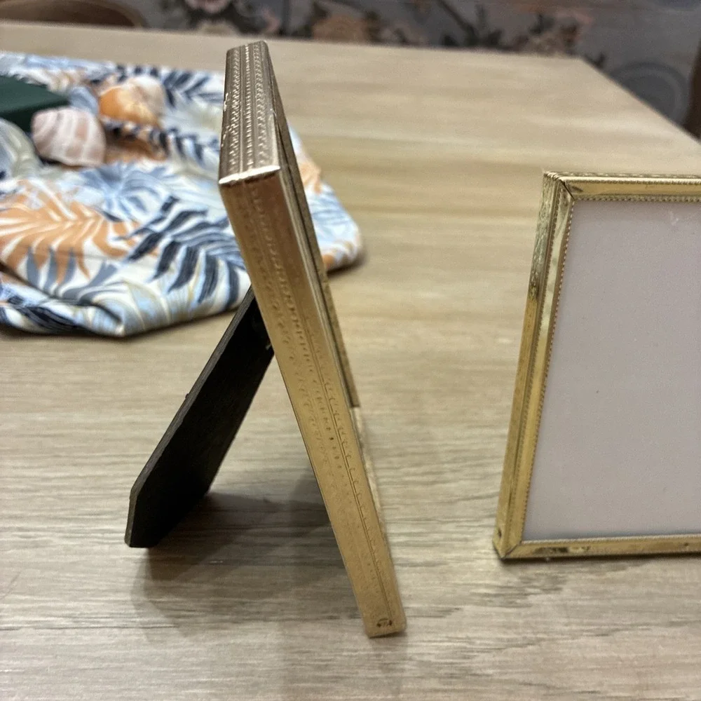 Vintage Lot of 2 Brass Tabletop Small Picture Frames 3 1/2 X 5 & 3 1/4 X 4 1/4